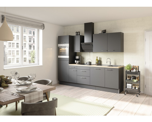 Moderne graue Einbauküche mit Esstisch und Stühlen