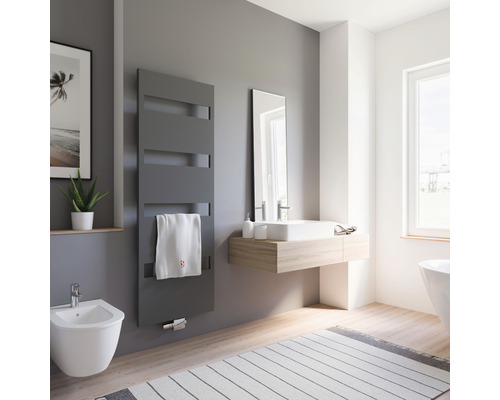 Radiateur design SCHULTE Turin 1703 x 605 mm anthracite mat avec raccordement au centre Salle de bains moderne avec radiateur sèche-serviettes, bidet et lavabo
