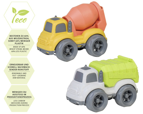 Spielzeug-Betonmischer und Spielzeug-Müllwagen aus Weizenstroh