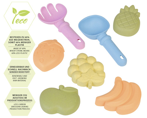 Sandspielzeug Set aus Weizenstroh und Kunststoff mit Obst- und Gemüseformen, inklusive Schaufel und Harke