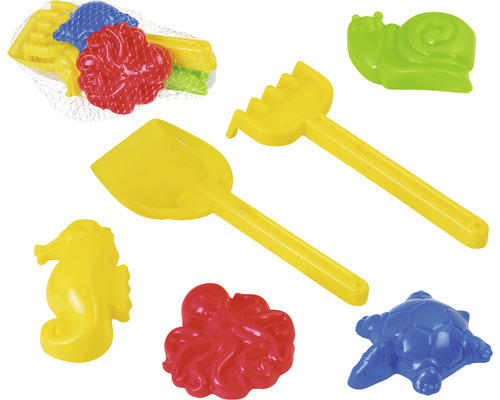 Set de jouets de plage avec pelle, râteau et différents moules