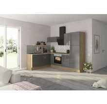 Cuisine claire avec façades grises et éléments en bois dans un espace de vie moderne.