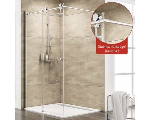 Eckdusche mit Duschwanne und inklusivem Stabilisationsbügel