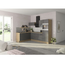 Cuisine moderne avec armoires grises et plans de travail en décor bois