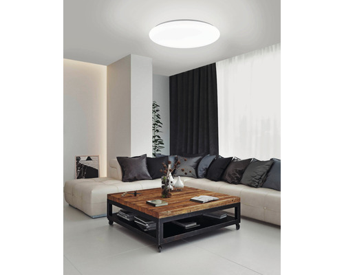 Vue d''un salon lumineux avec plafonnier rond, canapé et table en bois