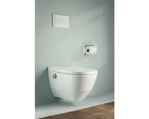 WC suspendu avec plaque de commande et support de papier toilette