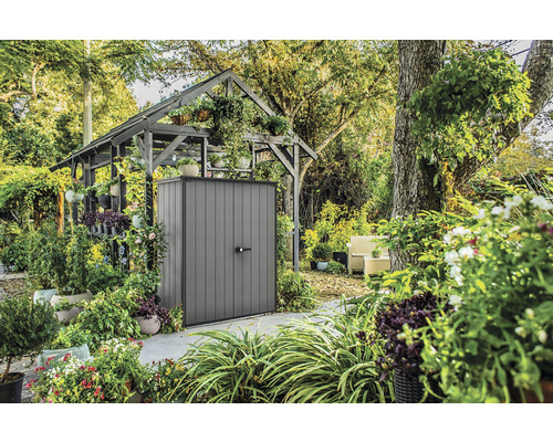 Abri de jardin décoré de plantes et de fleurs