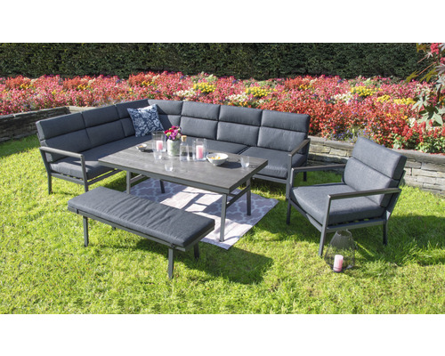 Salon bas de jardin 9 places composé de: canapé trois places, table, banc, fauteuil, avec galettes d'assise aluminium Salon bas de jardin 9 places composé de: canapé trois places, table, banc, fauteuil, avec galettes d'assise aluminium
