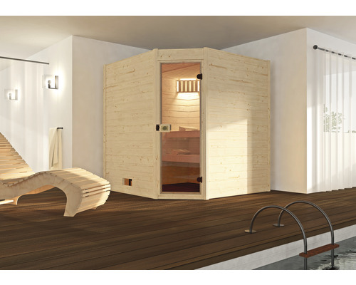 Sauna en bois massif Weka Valida d'angle GT taille 2 avec poêle 9 kW et commande intégrée, avec porte entièrement vitrée en verre transparent