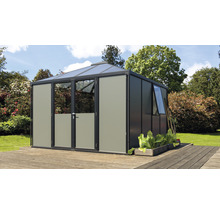 Abri de jardin avec fenêtre et porte sur une terrasse en bois