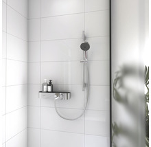 Badezimmer mit Aufputz-Duscharmatur und Ablage