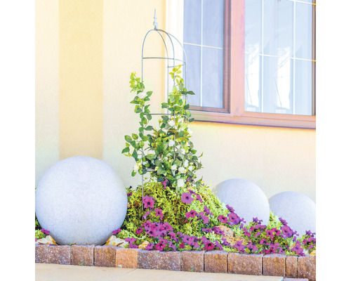 Scène de jardin décorative avec support pour plantes grimpantes, plantes, fleurs et boules de pierre