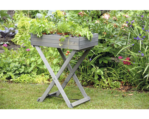 Hochbeet mit Kräutern auf einem Holztisch im Garten