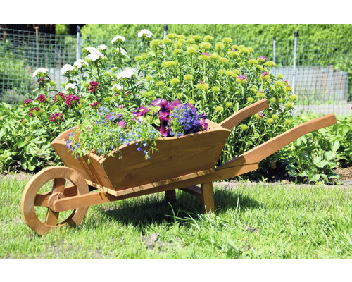 Brouette en bois avec des fleurs dans le jardin