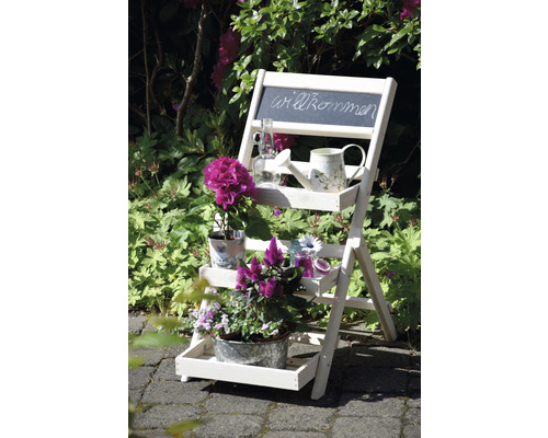 Dekorative Holzleiter mit Pflanzen und Tafel mit der Aufschrift Willkommen im Garten