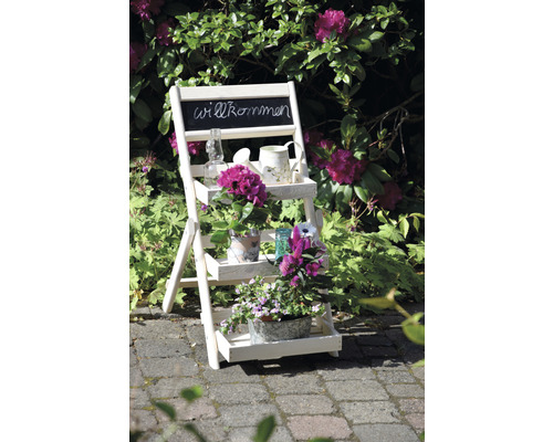 Dekorative Blumenleiter mit Pflanzen und Accessoires im Garten.