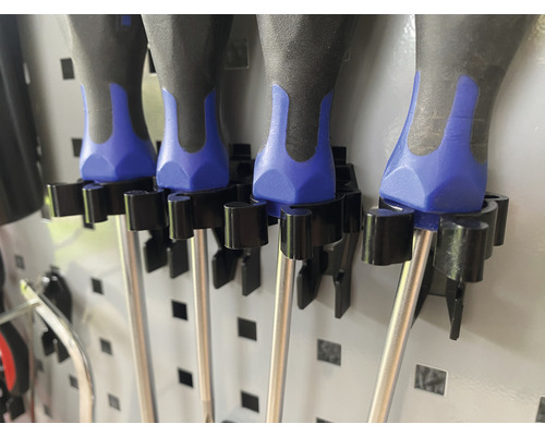Plusieurs tournevis dans un support mural pour outils.