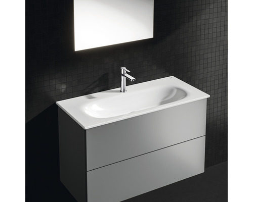 Waschtisch mit zwei Schubladen, Armatur und Spiegel für das Badezimmer