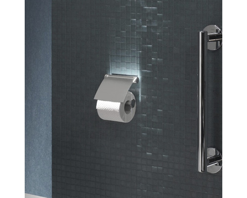 Toilettes avec porte-papier toilette et barre d''appui sur un mur en mosaïque