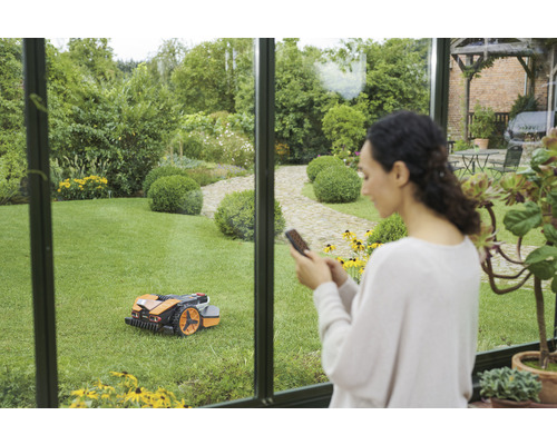 Une femme contrôle un robot tondeuse à gazon avec un appareil mobile dans le jardin.