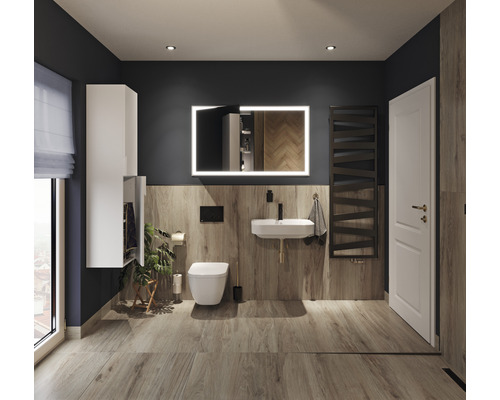 Salle de bain moderne avec lavabo, toilettes, radiateur sèche-serviettes et miroir