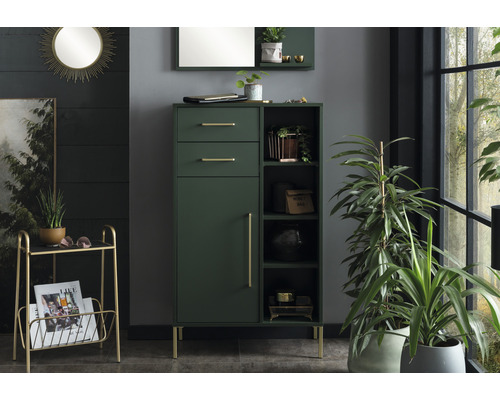 Szene mit einem grünen Schrank mit Schubladen und Regalen, goldenen Griffen und Füssen sowie Dekorationsartikeln.