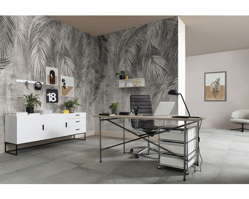 Bureau moderne avec bureau, chaise de bureau, commode et papier peint photo