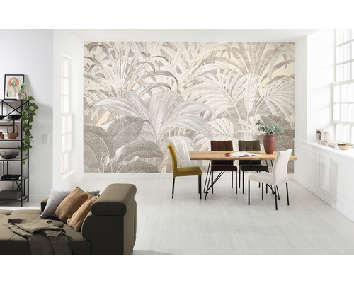 Papier peint panoramique intissé IF4-054 Infinity 2 Summery Spot 4 pces 400 x 250 cm Salon avec papier peint photo à motif végétal, table à manger et canapé