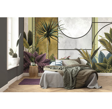 Schlafzimmer mit Fototapete mit tropischen Pflanzenmotiven, Bett und Nachttisch