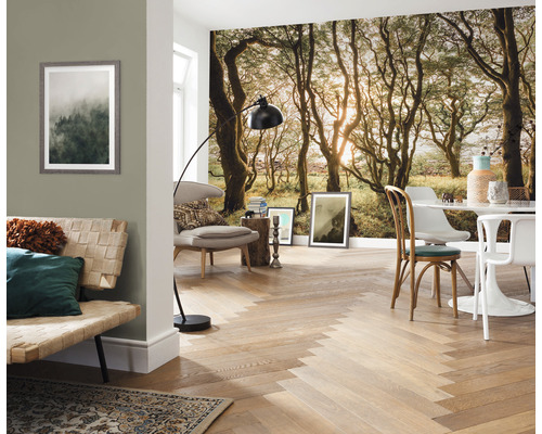 Salon avec papier peint photo d''une forêt, canapé, fauteuil, table et parquet