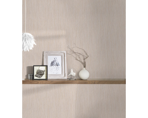 Salon avec papier peint à motifs et étagère en bois avec décorations