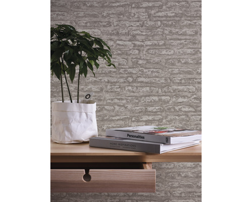 Pièce avec papier peint imitation pierre, table, plante et livres