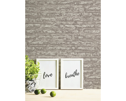 Scène d''intérieur avec papier peint en briques, plante en pot et affiches encadrées