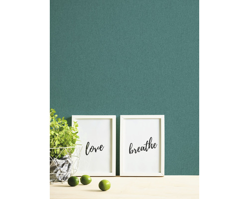 Dekoratives Stillleben mit Pflanzen, Limetten und gerahmten Kunstdrucken mit den Aufschriften Liebe und Atmen vor einer Wand