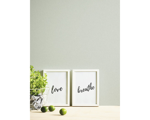 Scène décorative avec pot d''herbes aromatiques, citrons verts et reproductions d''art encadrées avec les inscriptions amour et respiration.