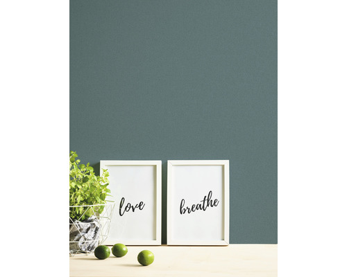 Décoration murale avec peinture verte, deux images avec les inscriptions Amour et Respiration, une plante et des citrons verts