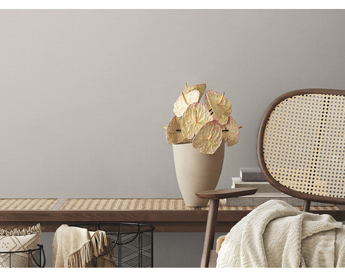 Décoration intérieure avec banc, chaise en rotin et anthuriums dans un vase
