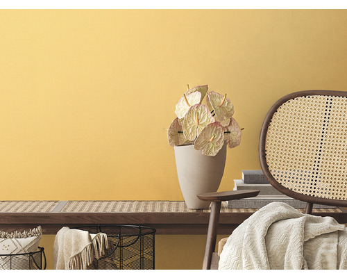 Intérieur avec mur jaune, banc en rotin tressé, anthuriums dans un vase et chaise en rotin
