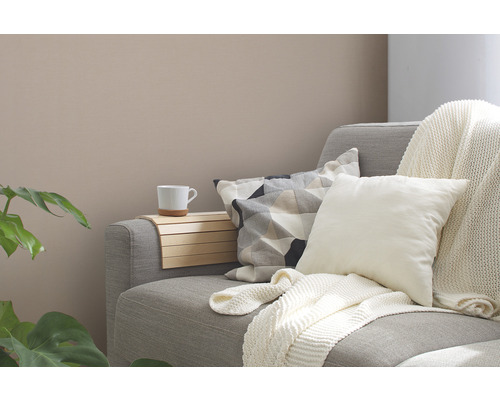 Ambiance chaleureuse avec canapé, coussins, couverture et table d''appoint
