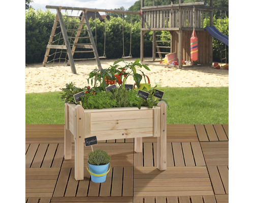 Jardinière en bois avec herbes et légumes dans le jardin