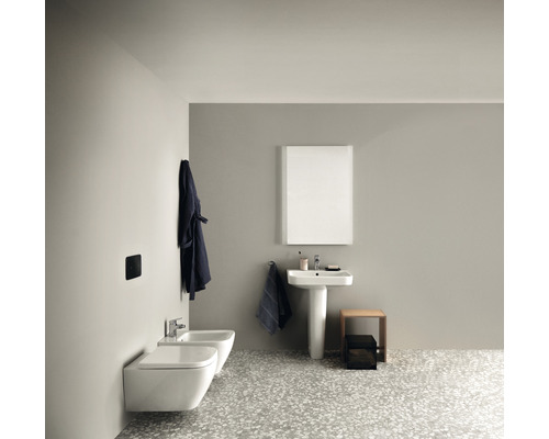 Badezimmer mit Toilette, Bidet, Waschbecken, Spiegel und Bademantel für eine helle und organisierte Atmosphäre.