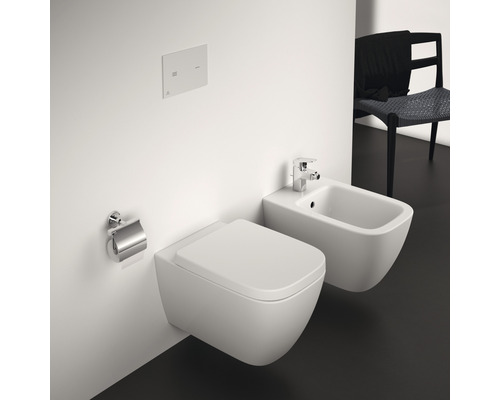 Modernes Badezimmer mit wandhängendem WC und Bidet, Spültaste und Toilettenpapierhalter