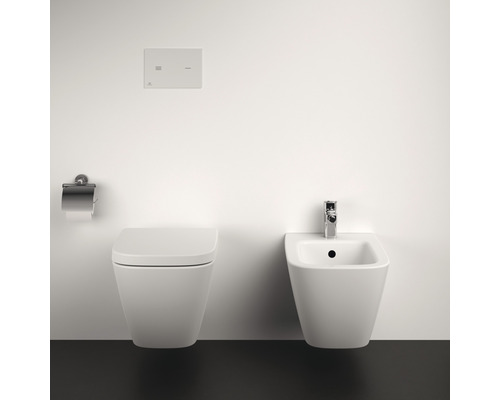 Modernes Badezimmer mit Wand-Tiefspülklosett, Bidet, Betätigungsplatte und Toilettenpapierhalter