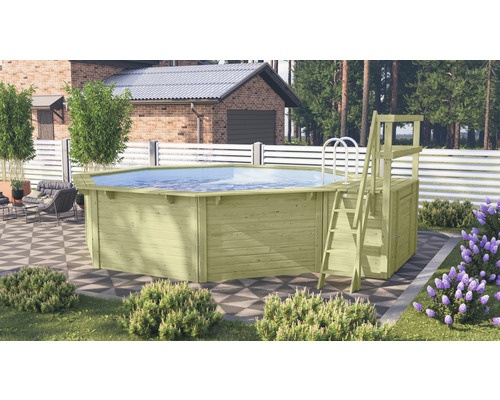 Piscine en bois avec échelle et plateforme dans le jardin