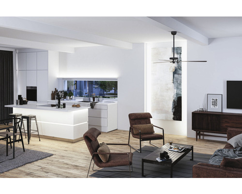 Helles Wohnzimmer mit Küchenbereich, Deckenventilator und braunen Ledersesseln