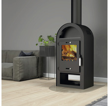 Poêle à bois noir avec feu de bois dans le salon