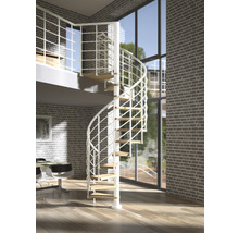 Escalier en colimaçon métallique avec marches en bois dans une pièce moderne.