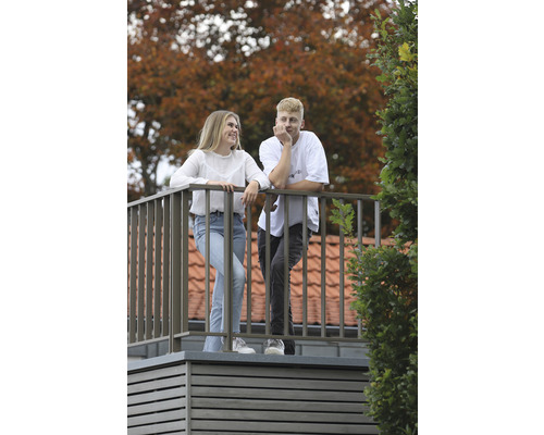 Deux personnes se tiennent sur un balcon avec une rambarde en métal.