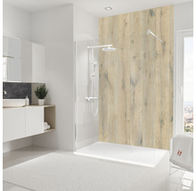 Helles Badezimmer mit ebenerdiger Dusche, Duschwand in Holzoptik und Waschbecken mit Unterschrank.