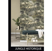 Vue d''une pièce avec papier peint jungle, banc et table d''appoint